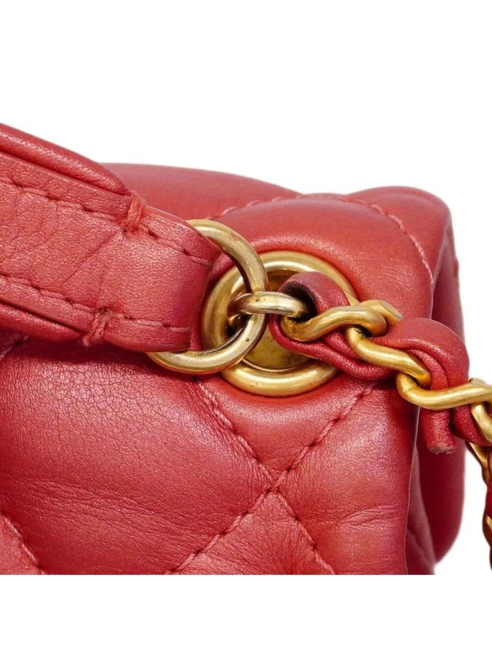 Chanel Handbag Quilted Leather Red Champagne Gold 2-Way
